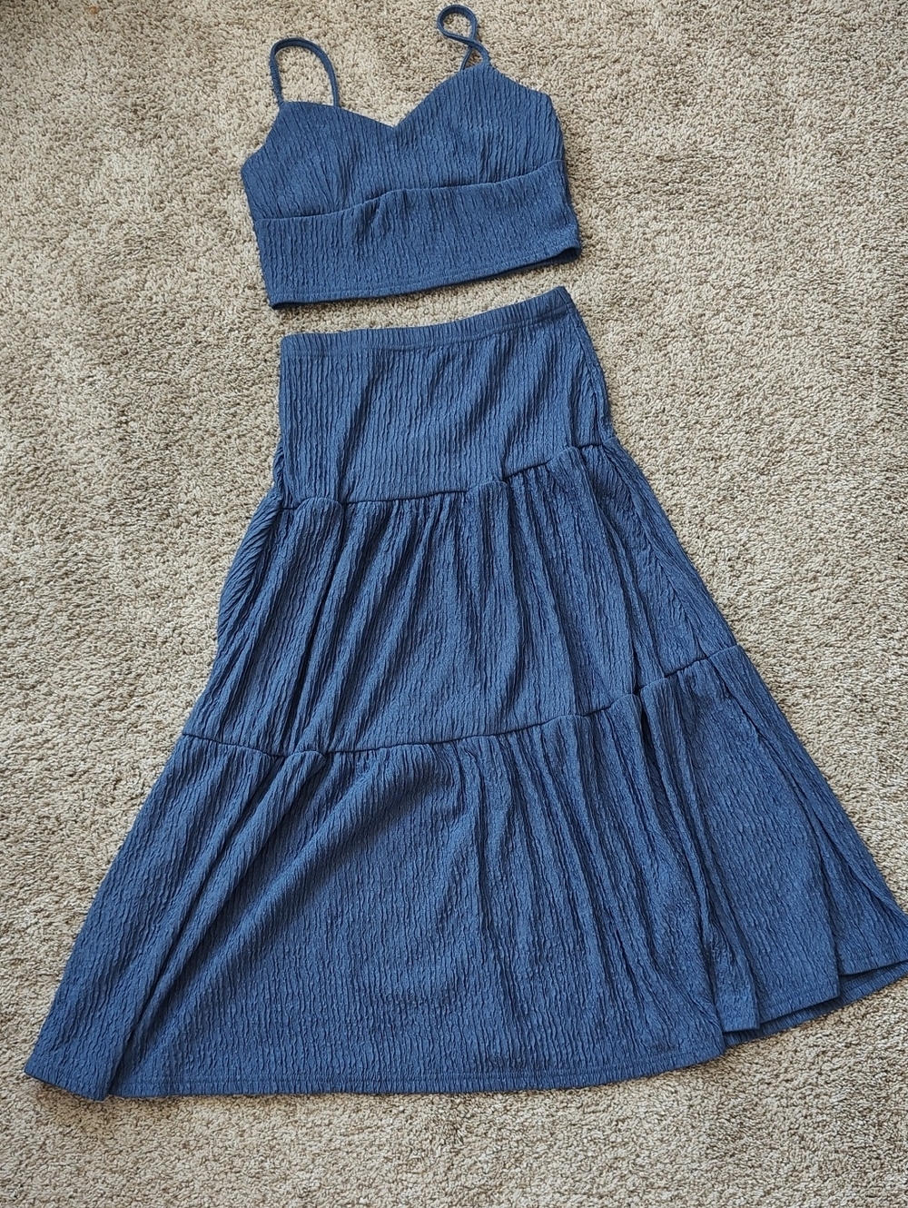 Textured Blue Two-Piece Crop Top & Tiered Maxi Skirt Set